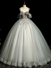 A-Line Round Neck Tulle Gray Blue Long Prom Dress, Tulle Sequin Lace Long Evening Dress
